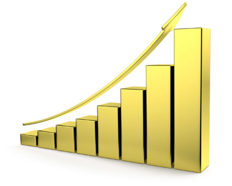 graph-compressed Financial growth, investment success and financial business and banking development concept: growing bar chart made of gold with upward gold arrow with reflections isolated on white, 3d illustration